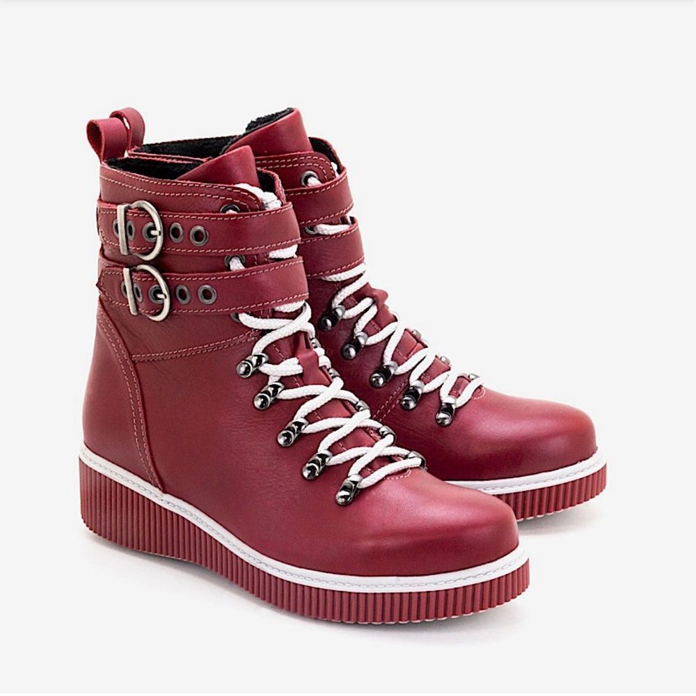 Women's Burgundy Lace-Up Ankle Boots with Buckle Straps